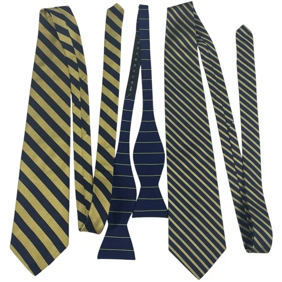 Brooks Brothers Makers Tie Lot of 3 Repp Stripe Neck Tie Bow Tie Blue Gold Silk - Picture 2 of 3